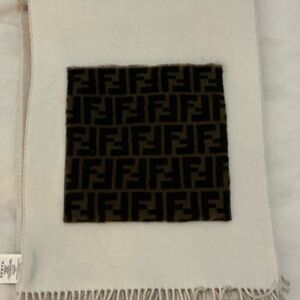 Fendi Cream Scarf with Brown and Black Logo fur pockets